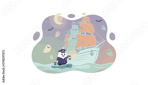 Whimsical ghost captain explores Halloween night on a boat with a pirate ship and friendly spirits
