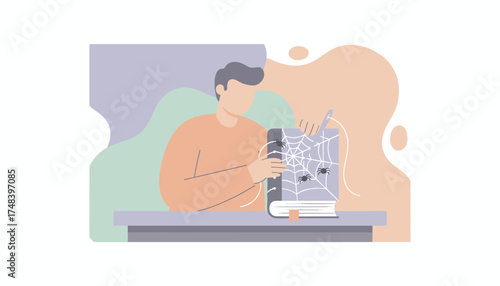 Man stitching spiderweb onto book Creative hobby Halloween craft or mysterious literature concept