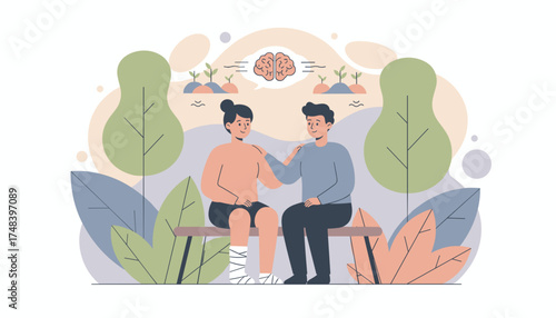 Man comforts woman with injured leg on bench symbolizing mental health support and recovery