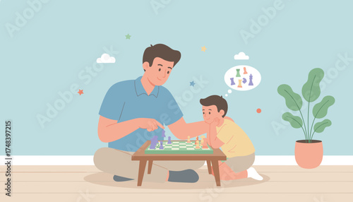 Dad teaches son chess promoting strategic thinking and quality family time