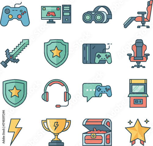 Modern flat-style gamer icons with consoles, swords, shields, trophies, and headsets. Ideal for video game interfaces, esports posters, or streaming brand visuals.