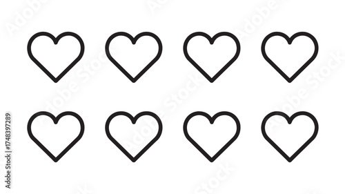 Eight simple outline hearts arranged in two rows on a white background.