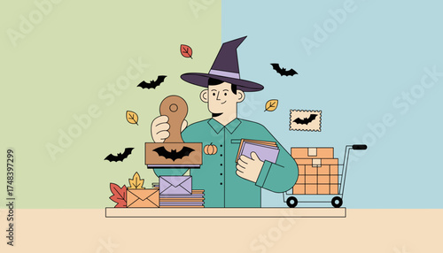 Festive postal worker in witch hat delivering Halloween mail and packages