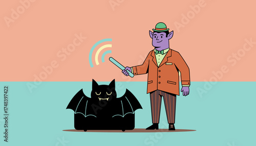 Whimsical elflike character with magic wand and bat companion symbolizing communication and fantasy