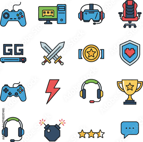 Esport Vector Icon Set for Gamers. Online Game Tools and Symbols Pack. Flat Modern Gaming Elements Design. Virtual Game Vector Illustration Set. Gamer Equipment and Awards Icons