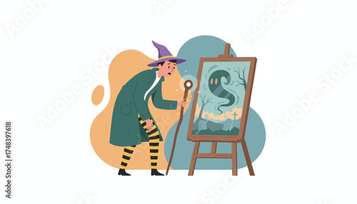 Wizardlike character scared by a spooky ghost painting in a graveyard scene on an easel