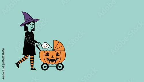 Halloween witch pushing a pumpkin stroller with a cute ghost baby Fun festive seasonal concept