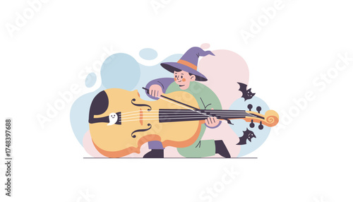 Happy witch playing cello with friendly ghost and bats celebrating Halloween music