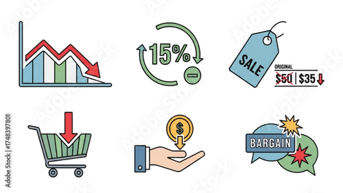 Price Drop and Bargain Icons – Colorful Vector Illustrations of Downward Graphs, Percentage Decrease, and Discounted Price Tags for Retail and Finance