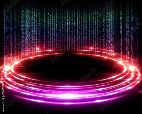 Vibrant Neon Ring Stage With Digital Rain Matrix Effect And Glowing Light