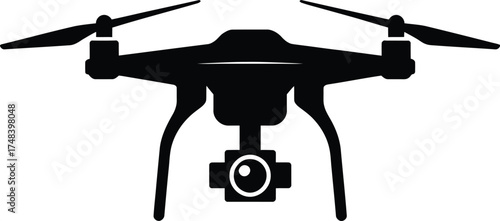 Detailed drone illustration with propellers camera landing gear on transparent background silhouette
