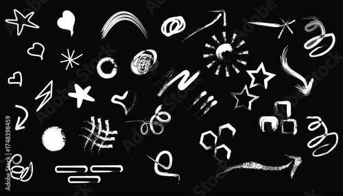 Hand Drawn Doodle Brush Strokes and Sketch Elements on Black Background, White Abstract Doodle Shapes and Artistic Brush Strokes on Black Canvas, Creative Hand Drawn Elements and Abstract Ink Doodles 