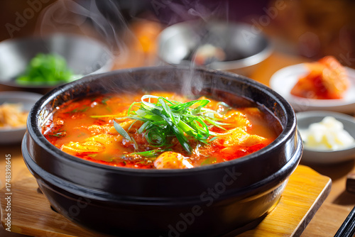 Steaming Bowl of Spicy Delight: A close-up shot features a vibrant bowl of steaming, savory soup with tantalizing aroma. Emitting warmth and rich colors. Savory Korean Stew