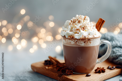 tempting mug of rich cocoa, crowned with a cloud of whipped cream and a cinnamon stick, offers a moment of pure indulgence, nestled amid a soft, cozy ambiance.