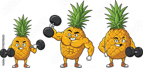 Cartoon pineapple bodybuilders, muscular fruit characters, strong pineapple mascot, funny tropical fruit illustration, fitne
