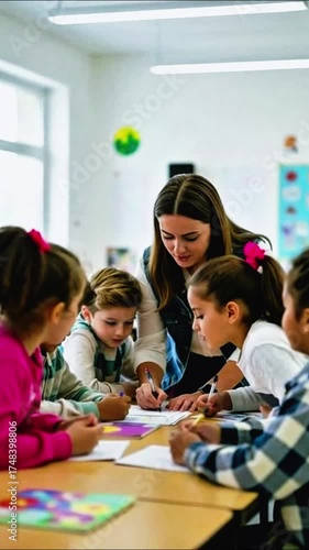 Woman teacher helping a group of children students with their learning at a table in a classroom
