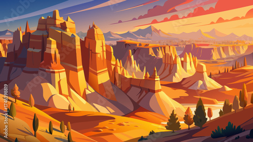 Very beautiful hoodoos glowing in early morning golden light at Bryce Canyon National Park, Utah, vector-style landscape emphasizing striking rock formations and warm desert hues.