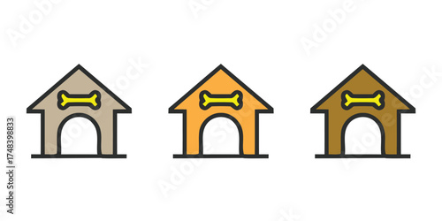 Set of three stylized dog house icons in different color variations, featuring a bone detail above the entrance. Great for pet shelter, dog training, animal housing, or pet supply designs