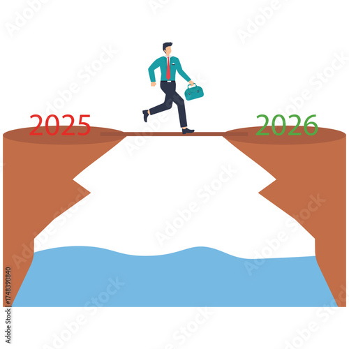 Energetic business leader bravely leaps from 2025 to a promising 2026, symbolizing growth and strategic vision for the future success