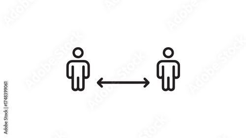 Two people maintain distance with arrow indicating space between them, representing social distancing.