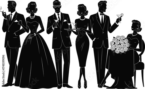 Elegant silhouette of high society party guests, formal fashion, vintage glamour, cocktail event, tuxedo men, stylish women, luxury lifestyle illustration, black and white