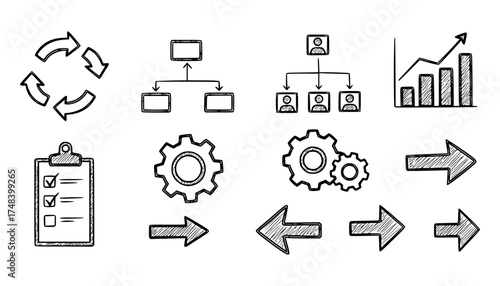 Vector art of collection of handdrawn business icons including organizational charts, gears, checklist, arrows, and growth chart