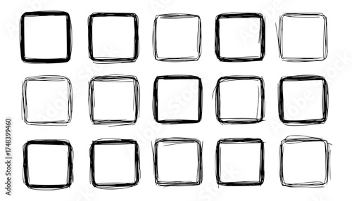 Vector art of collection of fifteen handdrawn square frames with rough, sketchy borders