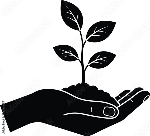Hand holding plant silhouette, growth and care concept, environmental protection, nature conservation, sustainability, eco-friendly design, nurturing life, black vector illustration