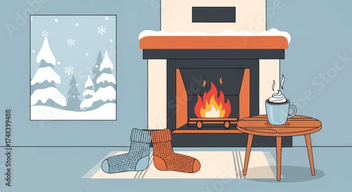 Hygge-inspired vector art. Snug fireplace scene for winter comfort. High-quality illustration for lifestyle and cozy branding.