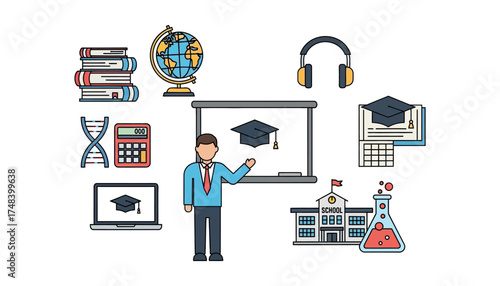 Illustration of a teacher in front of a whiteboard surrounded by educational icons