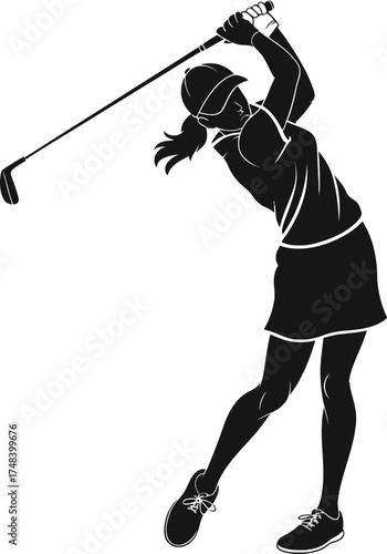 Female golfer in action swing pose athletic figure on transparent background silhouette