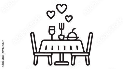 Romantic dinner for two with hearts floating above a beautifully set table