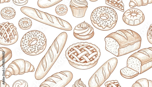 Vector art of a delightful assortment of freshly baked bread, pastries, donuts, and pies, perfect for any bakery or foodrelated theme
