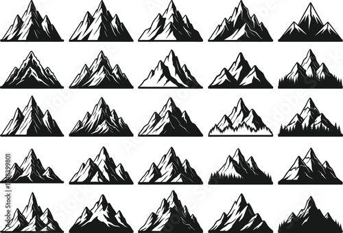 Mountain silhouette vector set, black and white peaks, stylized terrain icons, jagged summit illustrations, minimalist landscape design, graphic art collection