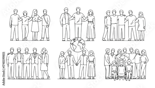 Vector art of diverse group of people standing together in unity, illustrating community and connection