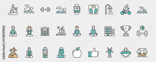 Vector art of collection of fitness and health icons, including sports, exercise, and healthy lifestyle elements