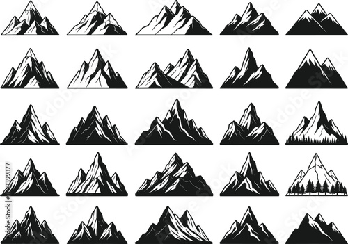 Mountain silhouette vector set, black and white peaks, minimalist landscape icons, stylized alpine shapes, nature clipart, abstract mountain illustrations