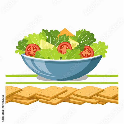 A pristine, colorful salad is dramatically separated from a pile of pale, processed crackers by a harsh line.