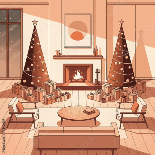 Warm Lights Holiday Living Room. Minimalist vector of a Christmas scene with fireplace and gifts. Features clean perspective and a comforting orange-brown palette. Lifestyle asset.