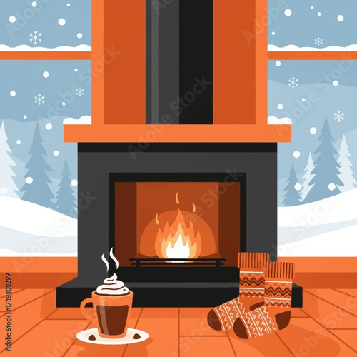Warm winter evening illustration. Fireplace glow & snow outside. Premium vector for comforting designs and promotional content.