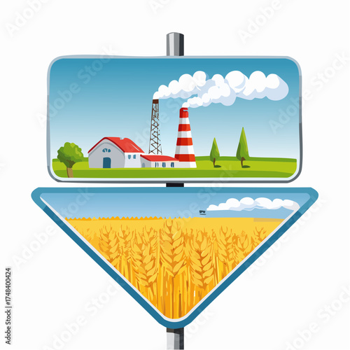 An open road sign points sharply left towards a field of grain and right towards a factory with smoke stacks.