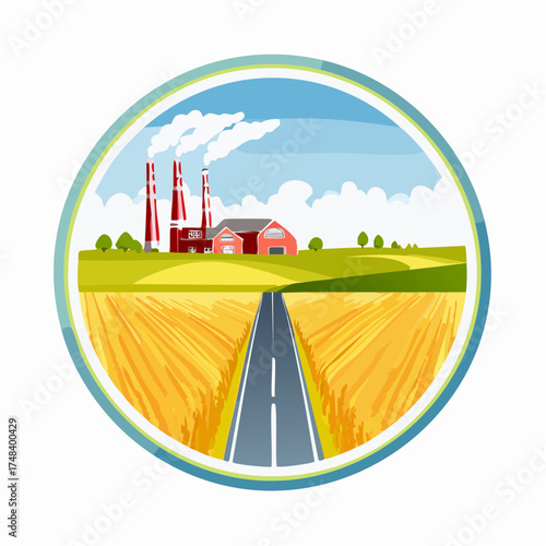 An open road sign points sharply left towards a field of grain and right towards a factory with smoke stacks.