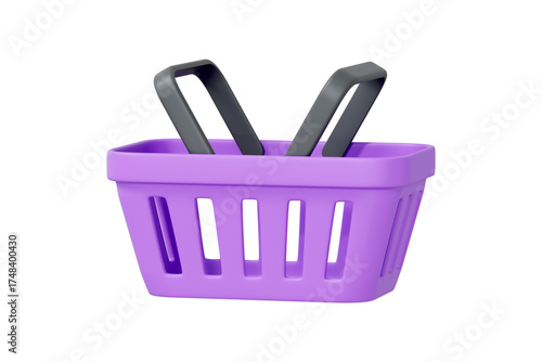 3D illustration of a purple shopping basket with black handles isolated on white background. Minimal retail and commerce concept