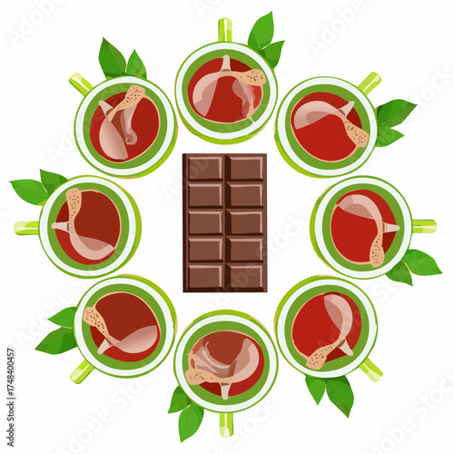 Steaming cups of herbal tea are arranged in a defensive perimeter around a forbidden, shiny chocolate bar.