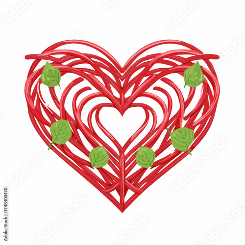 A vibrant red heart is delicately woven from thin strips of red bell pepper and chili threads.