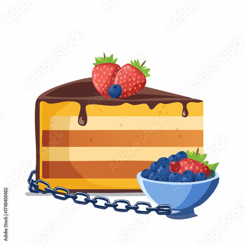 A heavy chain is visibly dragging a large, exhausted piece of cake away from a bowl of fresh berries.