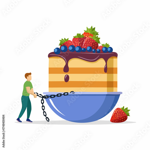 A heavy chain is visibly dragging a large, exhausted piece of cake away from a bowl of fresh berries.