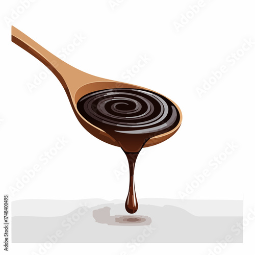 A perfect spiral of dark, sticky molasses slowly drips off the end of a long, clean wooden spoon.
