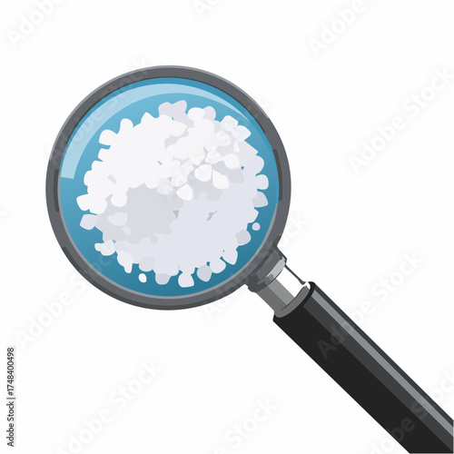 A magnifying glass focuses intensely on the crystalline structure of pure white table salt granules.