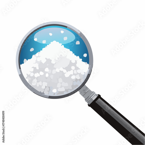 A magnifying glass focuses intensely on the crystalline structure of pure white table salt granules.
